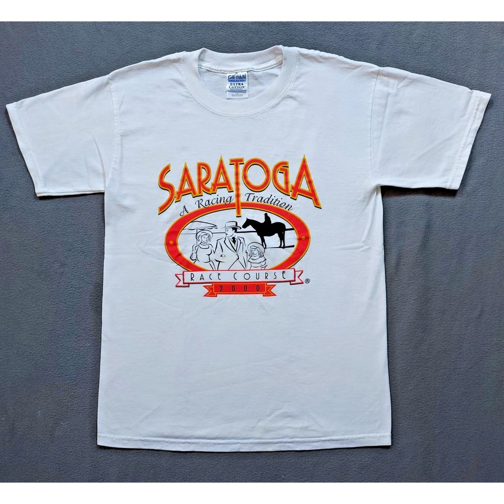 VTG NOS  Saratoga Race Course White T Shirt Mens Medium Graphic Horse Racing Y2K